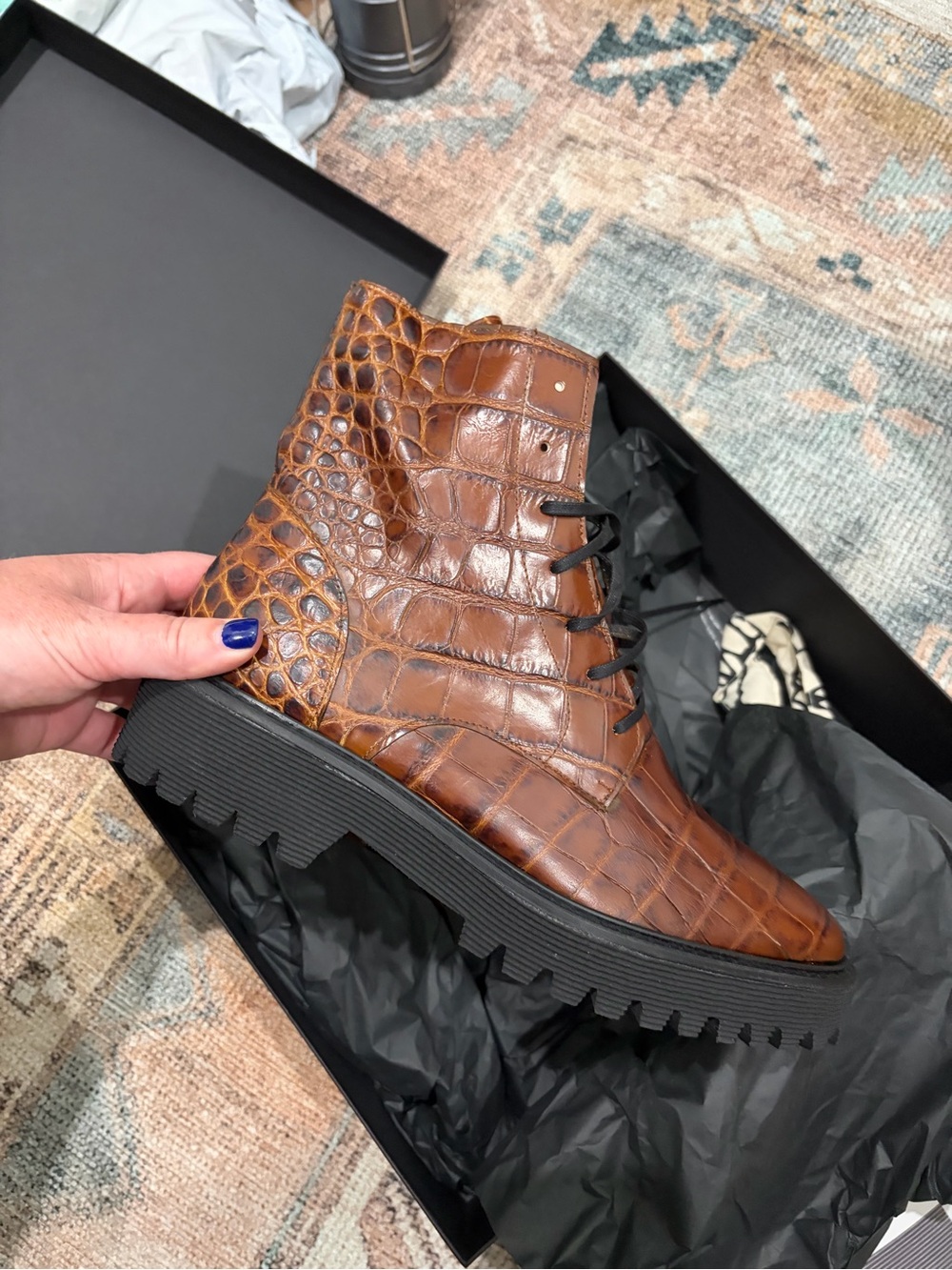 Freda Salvador Emi Mocha Embossed Croc Embossed Leather Lace-Up Boots - Picture 5 of 7